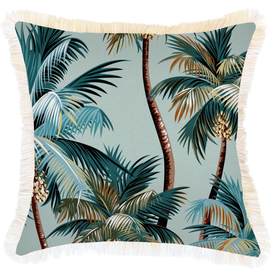 Outdoor Cushion Coastal Fringe Palm Trees Seafoam 45cm x 45cm
