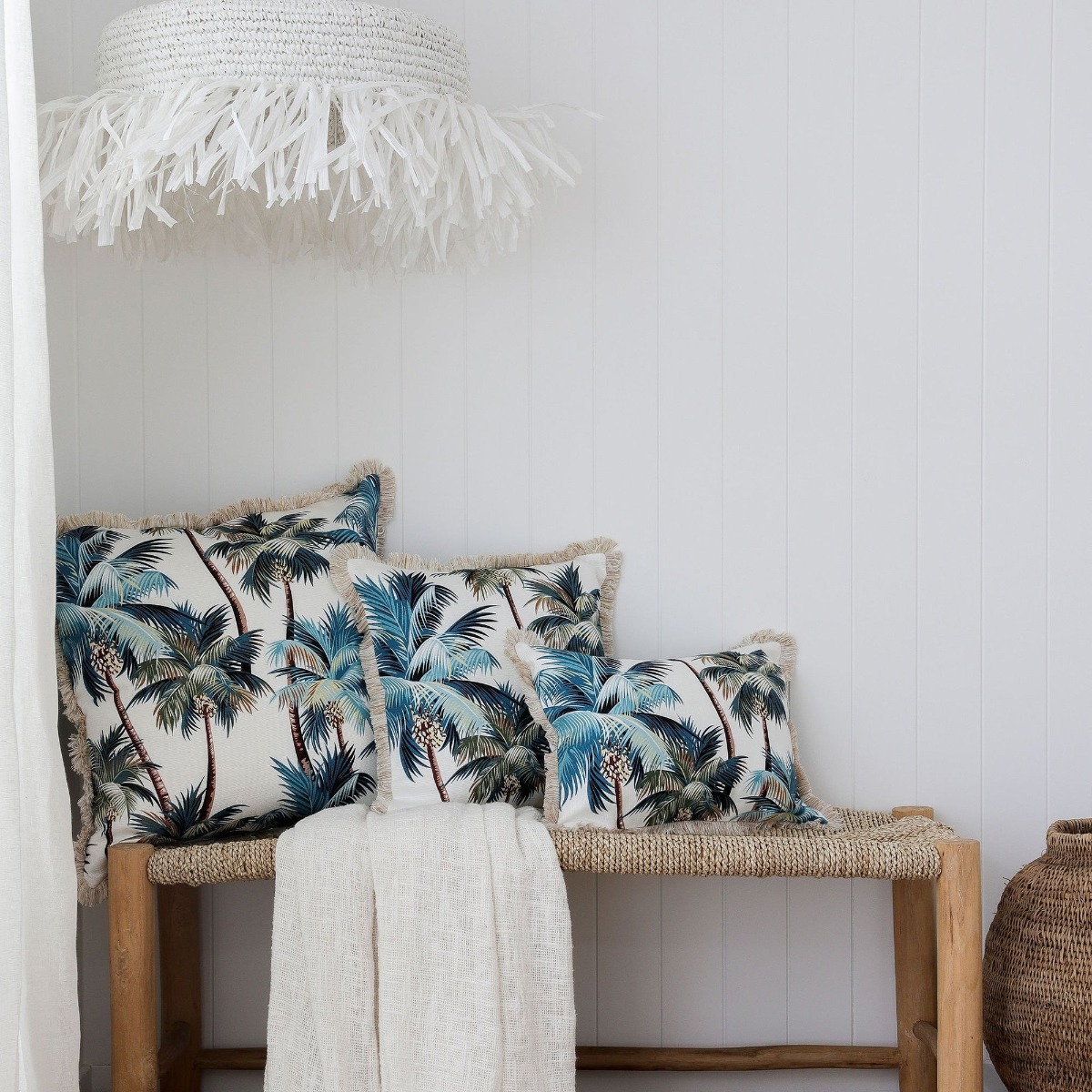 Outdoor Cushion Coastal Fringe Palm Trees White 45cm x 45cm - Image 2
