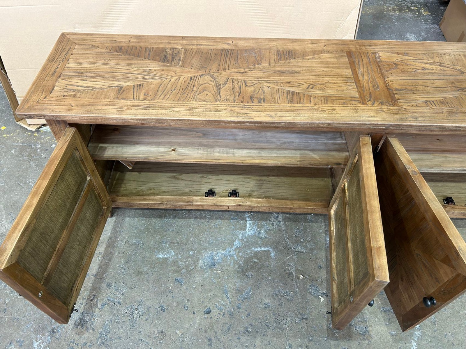 NEW YEAR SALE!! "Villa" Hamptons Style Parquetry 4 Door Entertainment TV Unit Recycled Elm, 200cm x 40cm x 58cmH (RRP $1999) - Image 4