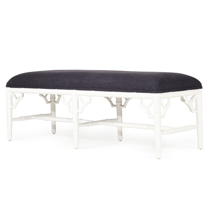 White Chippendale Bench Seat Bed End Navy Cushion, Width135cm x Depth 45cm x Height 49cm