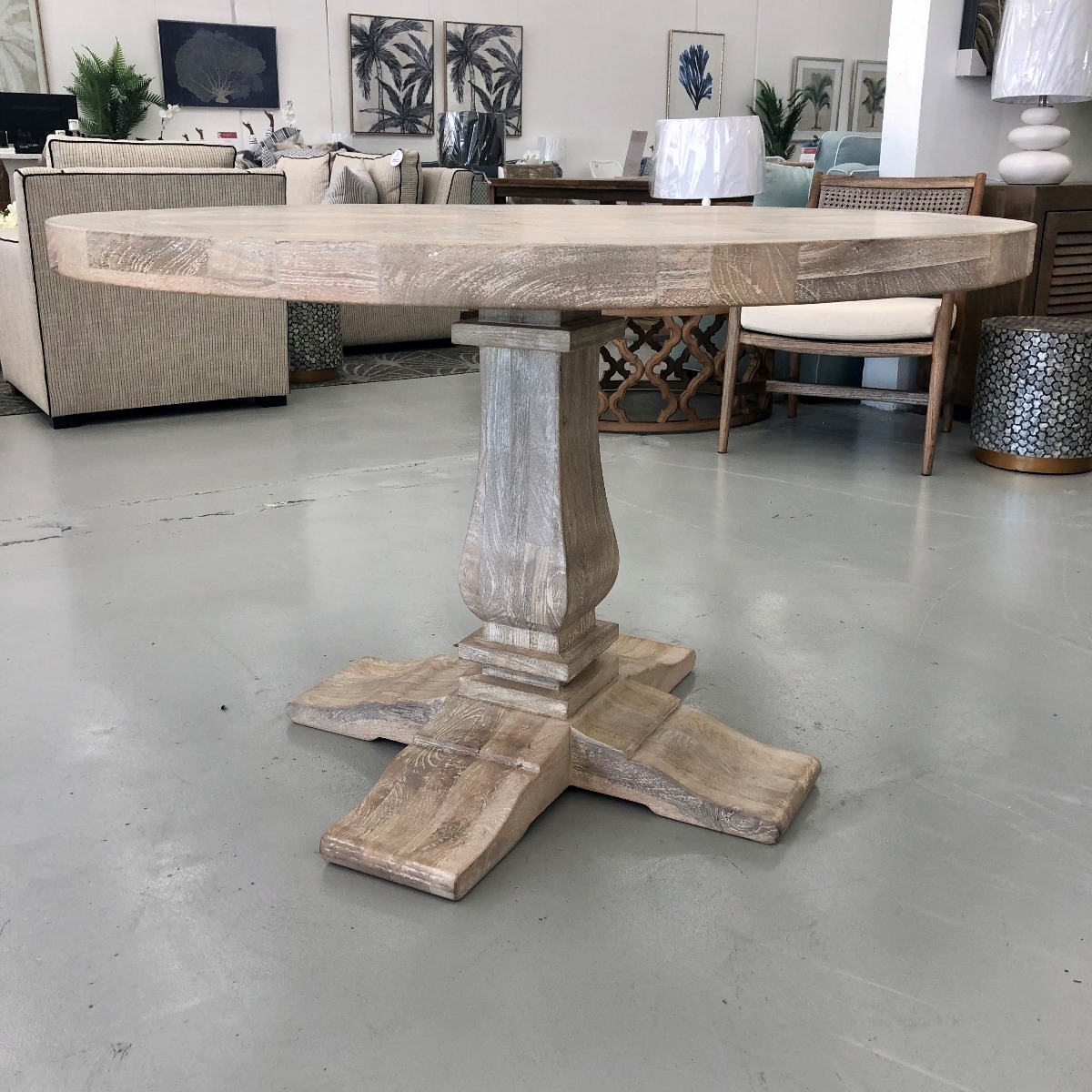 "Whitsunday" Hamptons Style Parquetry Hardwood Timber Round Dining Table 120cm Diameter, Beachwhite Finish (RRP $1999) - Image 3