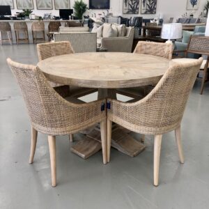 "Whitsunday" Hamptons Style Parquetry Hardwood Timber 120cm Round Dining Package with 4 x Coral Bay Chairs (RRP $3499)