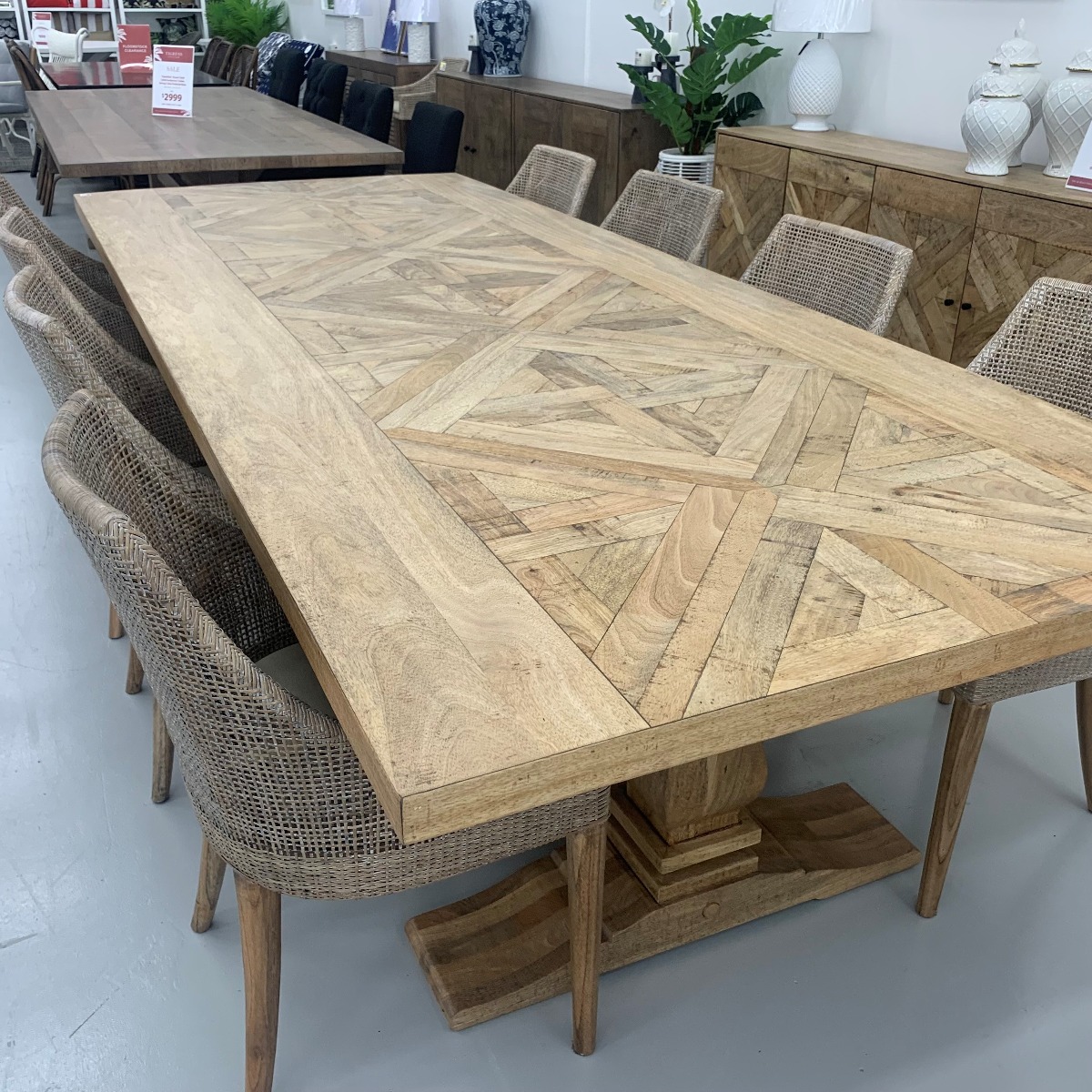 "Montego" 9 Piece Dining Package 300x120cm Hardwood Parquetry Timber Dining Table with Pedestal Base & 8 Coral Bay Chairs in Greywash (RRP $6999) - Image 7