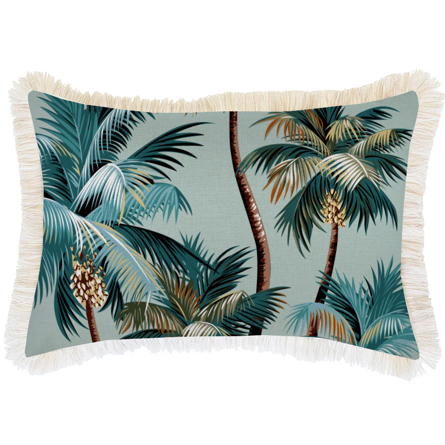 Outdoor Cushion Coastal Fringe Palm Trees Seafoam 35cm x 50cm