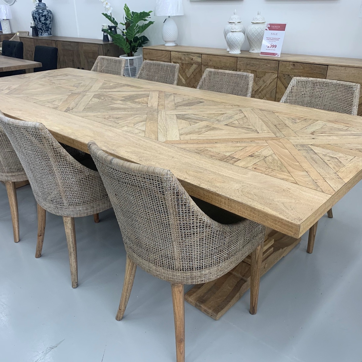 "Montego" 9 Piece Dining Package 300x120cm Hardwood Parquetry Timber Dining Table with Pedestal Base & 8 Coral Bay Chairs in Greywash (RRP $6999) - Image 6