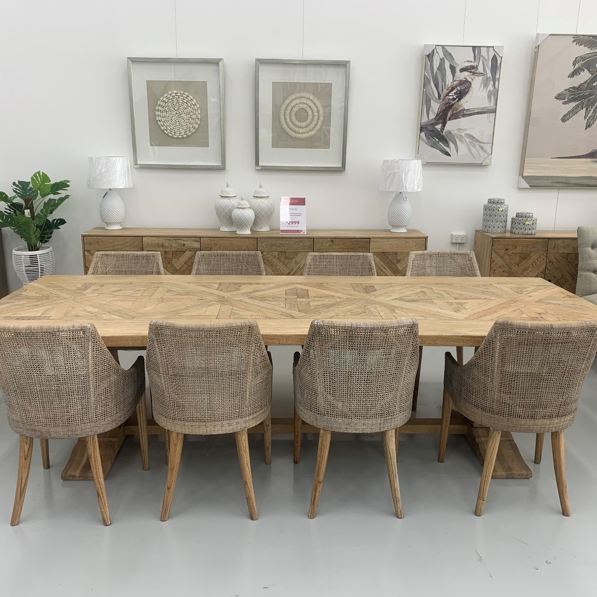 "Montego" 9 Piece Dining Package 300x120cm Hardwood Parquetry Timber Dining Table with Pedestal Base & 8 Coral Bay Chairs in Greywash (RRP $6999) - Image 2