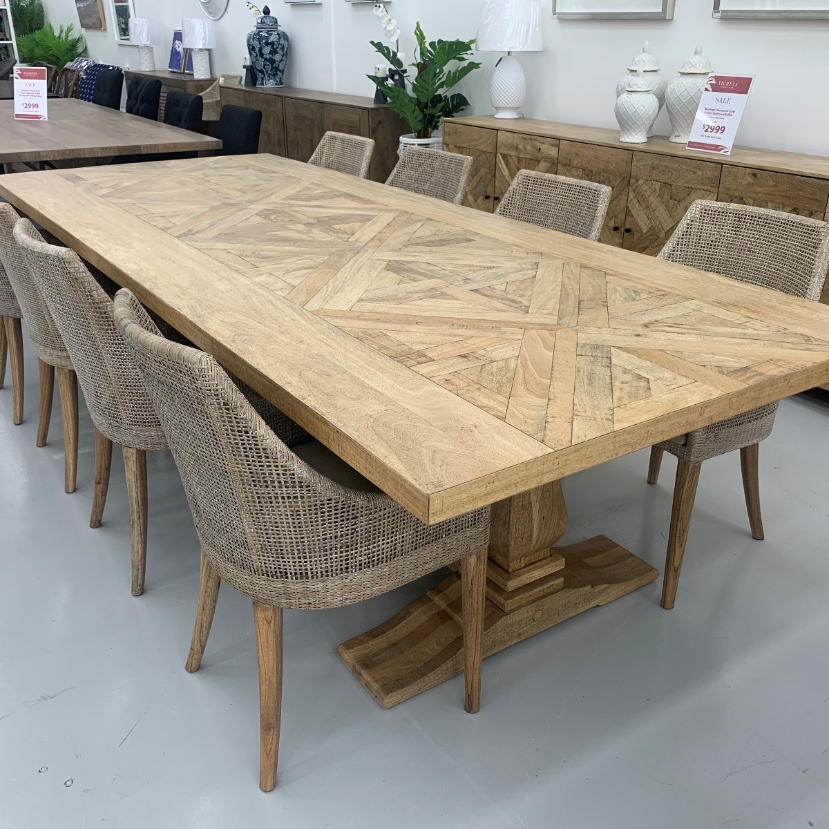 "Montego" 9 Piece Dining Package 300x120cm Hardwood Parquetry Timber Dining Table with Pedestal Base & 8 Coral Bay Chairs in Greywash (RRP $6999) - Image 5