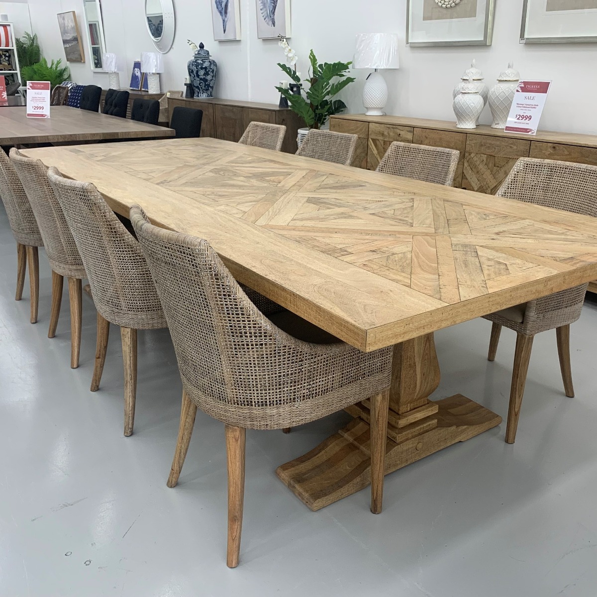 "Montego" 9 Piece Dining Package 300x120cm Hardwood Parquetry Timber Dining Table with Pedestal Base & 8 Coral Bay Chairs in Greywash (RRP $6999) - Image 3