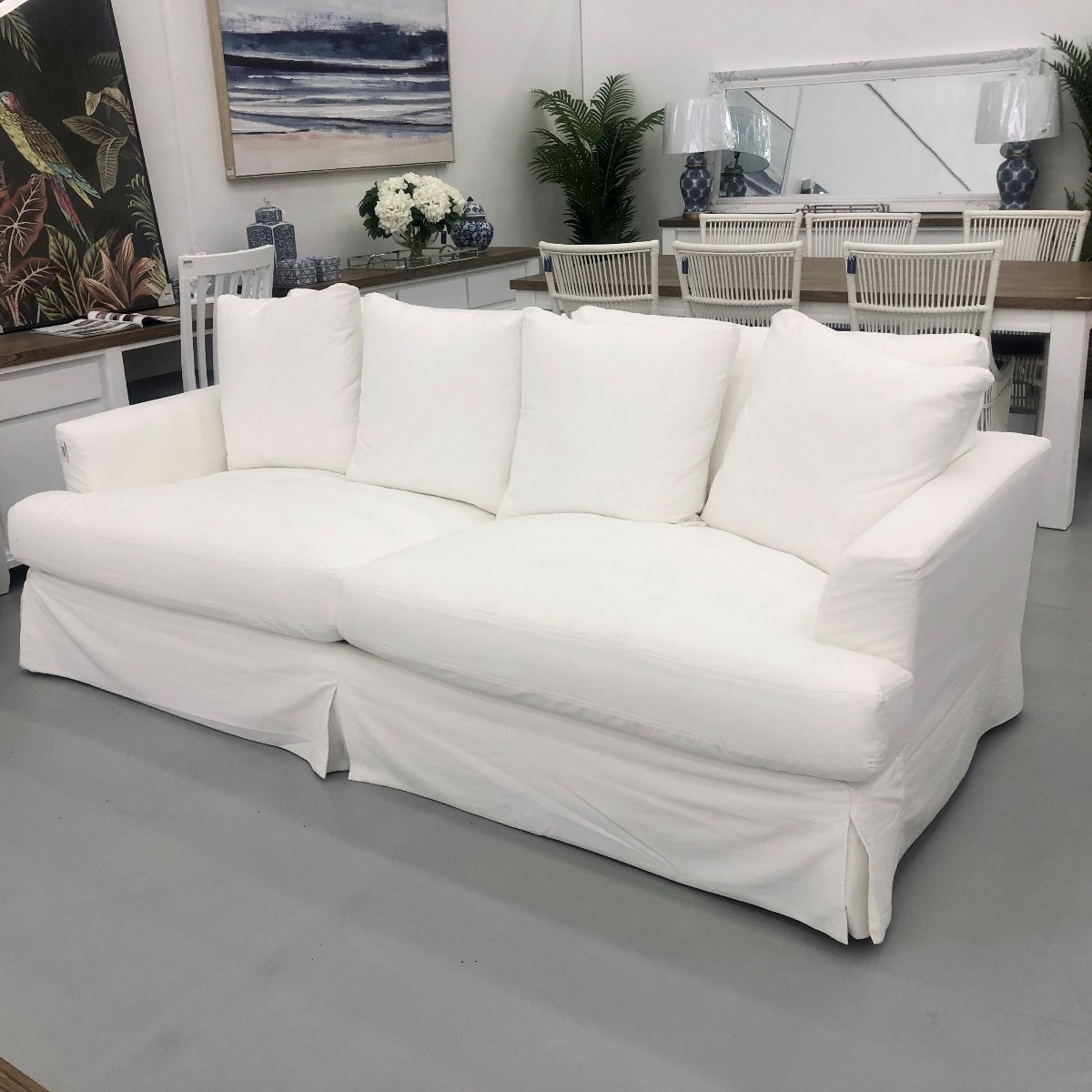 BOXING DAY SALE "Somerset" Hamptons Style Fabric 3.5 Seater Sofa Lounge Feather Filled with Removable Slip Covers, White 236cmL x 115cmD x 91cmH (RRP $3999)