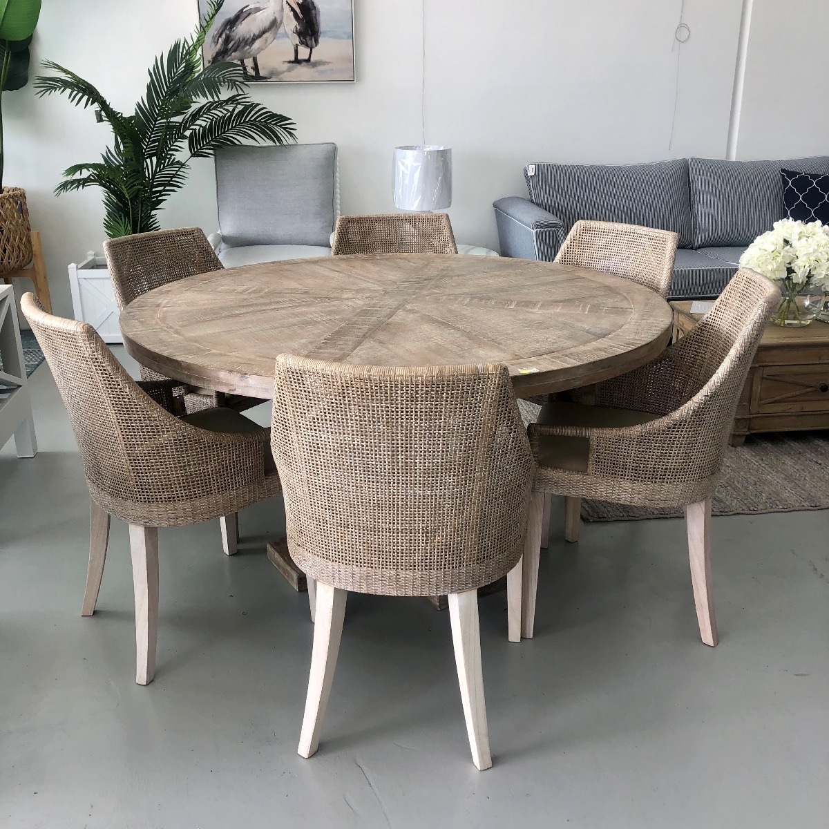 "Tuscany" Hampton Style Hardwood Timber Parquetry 150cm Round Dining Table Pedestal Base Whitewash + 6 Empire Bay Chairs (RRP $3999) - Image 2