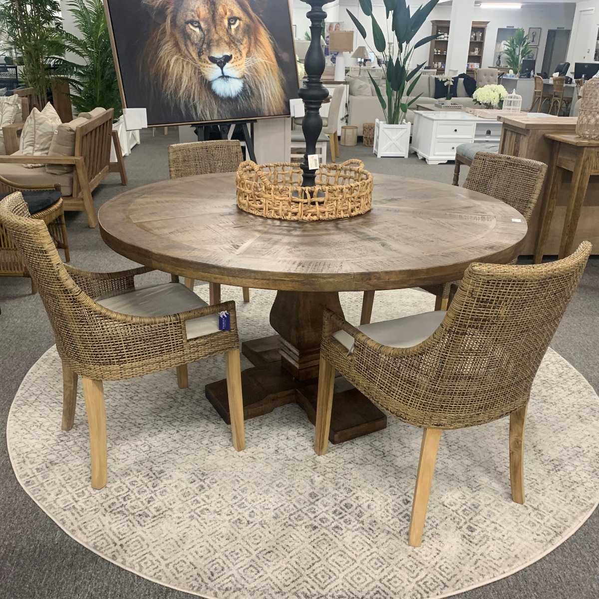 "Tuscany" 5 Piece Dining Package 150cm Round Hardwood Timber Dining Table with 4 Avoca Tea Brown Rattan Teak Chairs