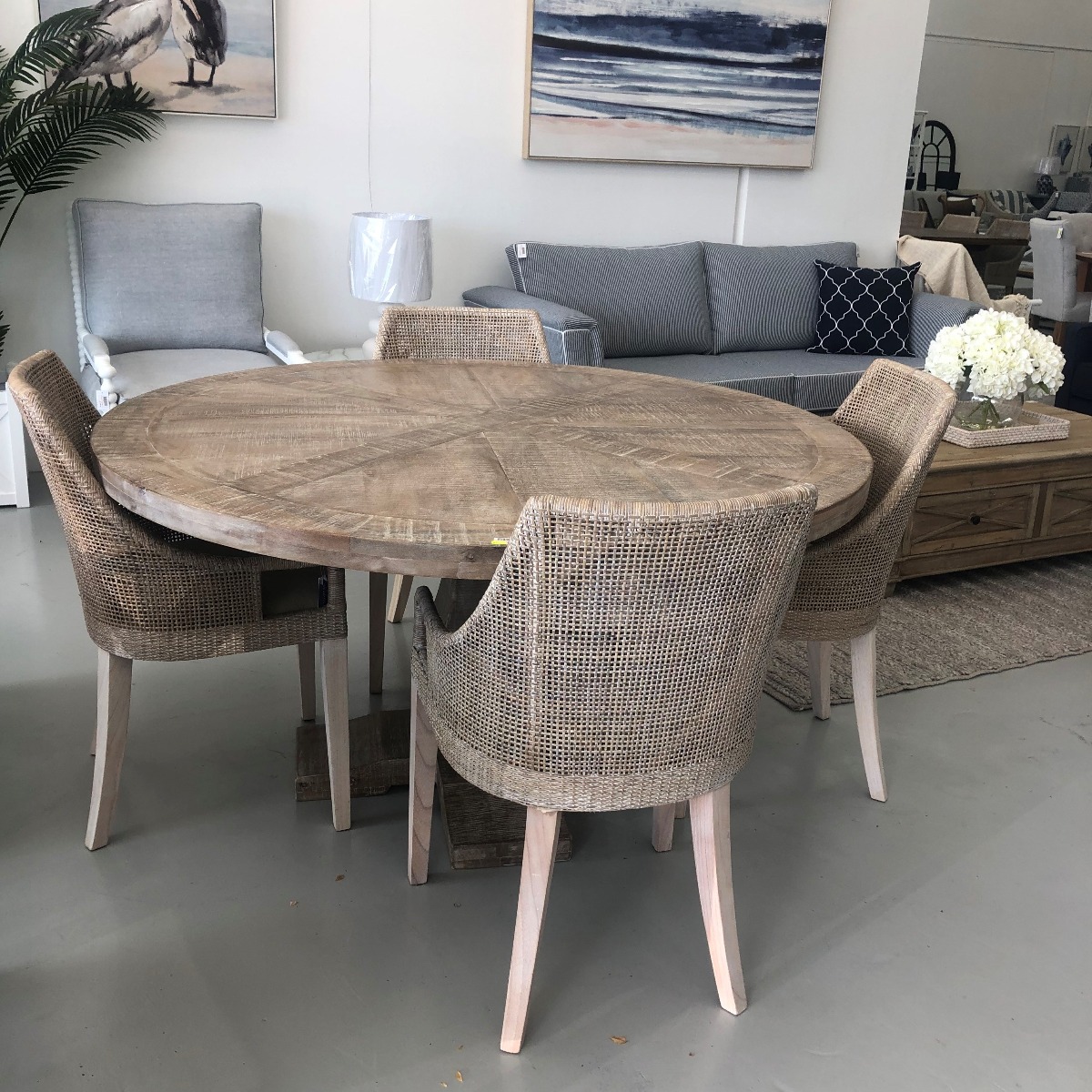 CLEARANCE SALE "Tuscany" Hampton Style Hardwood Timber Parquetry 150cm Round Dining Table Pedestal Base Whitewash + 4 Empire Bay Chairs with Whitewash Legs (RRP $3499)