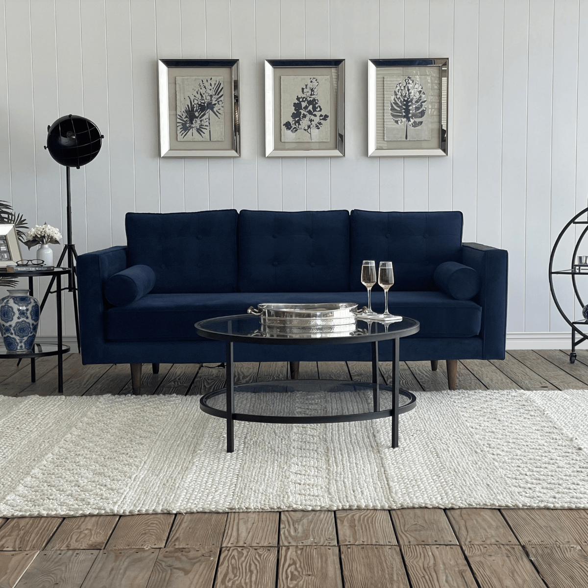 Evie Button Tuffed 3 Seat Sofa Navy Blue Velvet W/ Bolster Cushions, W 205cm D 98cm H 82cm (RRP $2899) - Image 10
