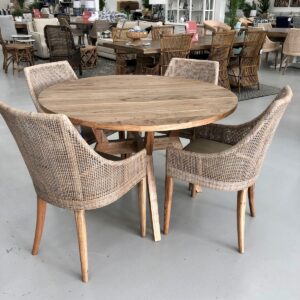 "Bali" Hardwood Timber 120cm Round Dining Table + 4 Coral Bay Rattan Dining Chairs Greywash (RRP $2999)