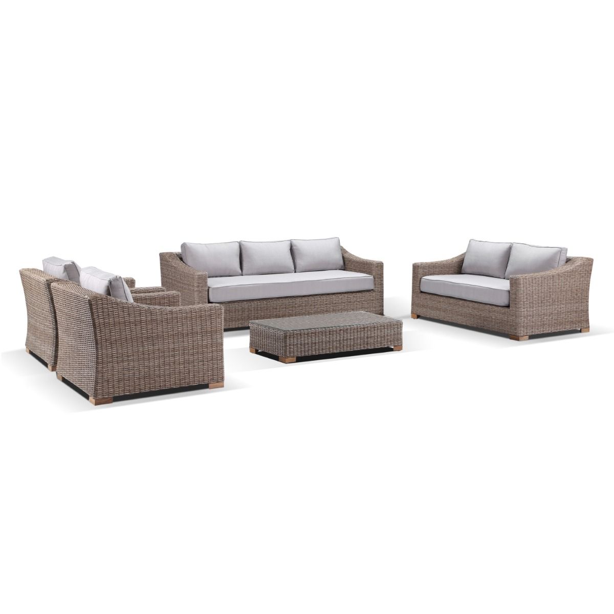 "Isle of Capri" Hamptons Style 5 Piece Outdoor Setting with 3 Seater, 2 Seater, 2 x 1 Seater Lounges & Wicker Coffee Table