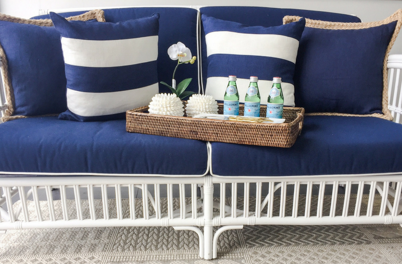 "Alfresco" Hamptons Style 2.5 Seater Rattan Lounge White, Navy cushions with White Piping, 156cmL x 68cmW x 86cmH (RRP $1499) - Image 2