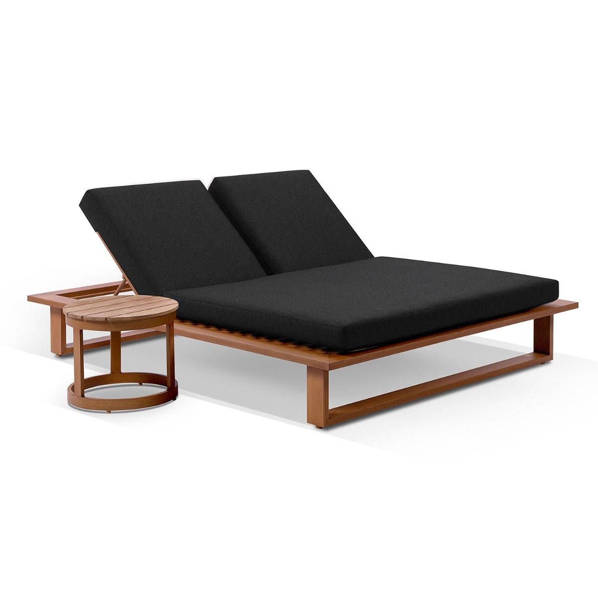 "Barbados" Hamptons Style Double Aluminium Sun Lounge in Teak Look with Denim Grey Cushions & Teak Look Round Side Table