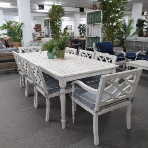 GOLD COAST FLOORSTOCK SALE "The Hamptons" Alfresco Timber 9 Piece Dining Set Grey Cushions White Piping, 210x100cm (RRP $3499)