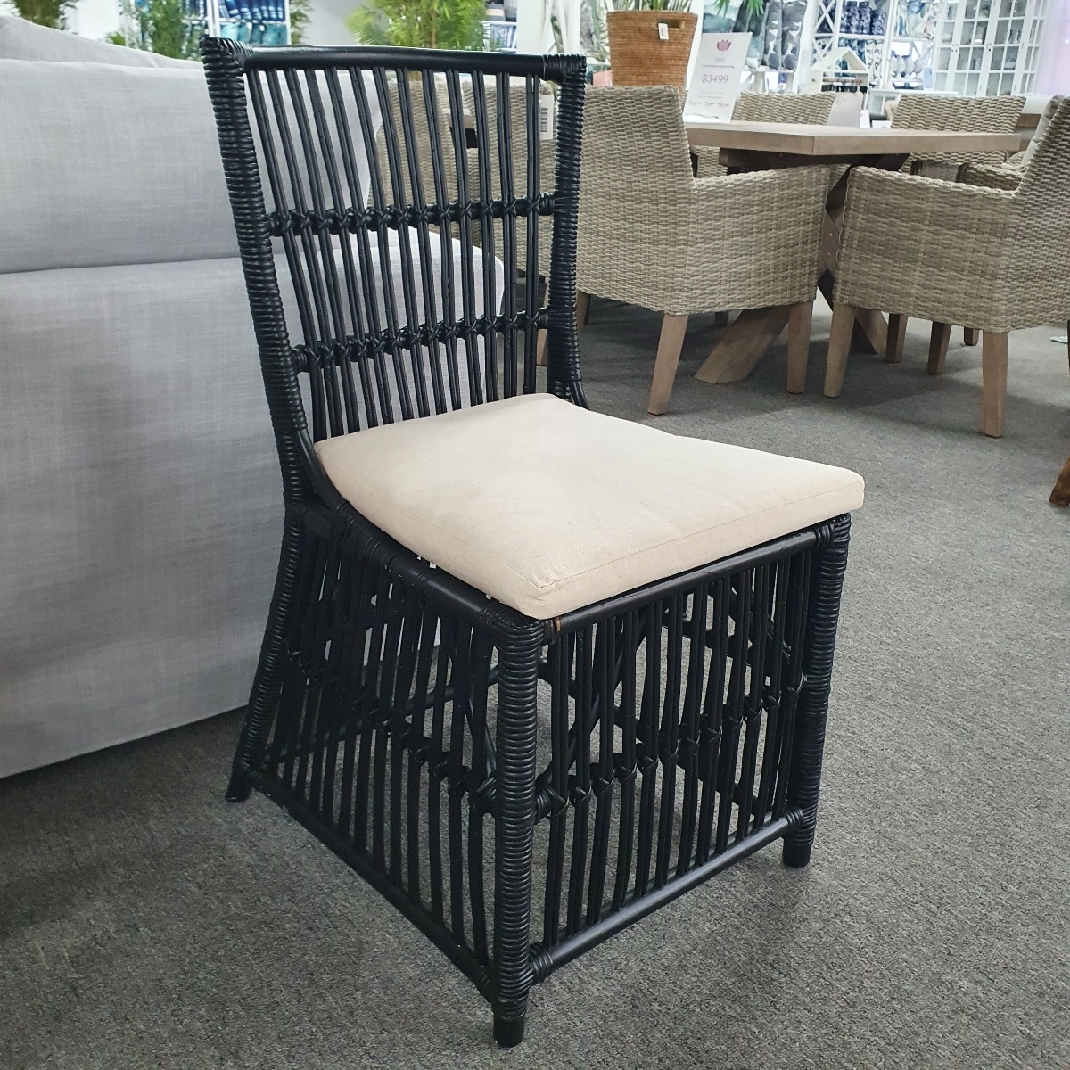 SECONDS SALE "Villa" Hamptons Style Rattan Cane Dining Side Chair Black with Cushion (RRP $219) - Image 3
