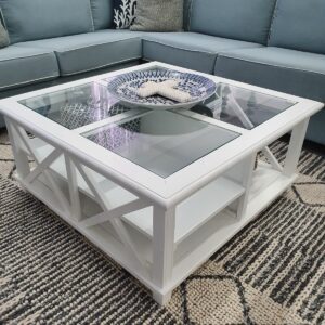 "Emily" Hamptons Style Timber Square Glass Top Coffee Table White, 100cm x 100cm x 45cmH