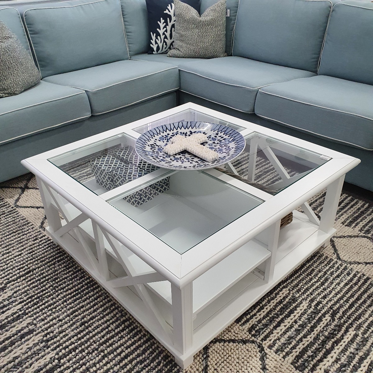 "Emily" Hamptons Style Timber Square Glass Top Coffee Table White, 100cm x 100cm x 45cmH - Image 6