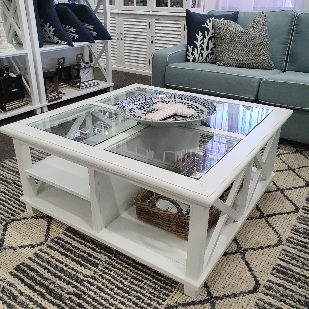 "Emily" Hamptons Style Timber Square Glass Top Coffee Table White, 100cm x 100cm x 45cmH - Image 2