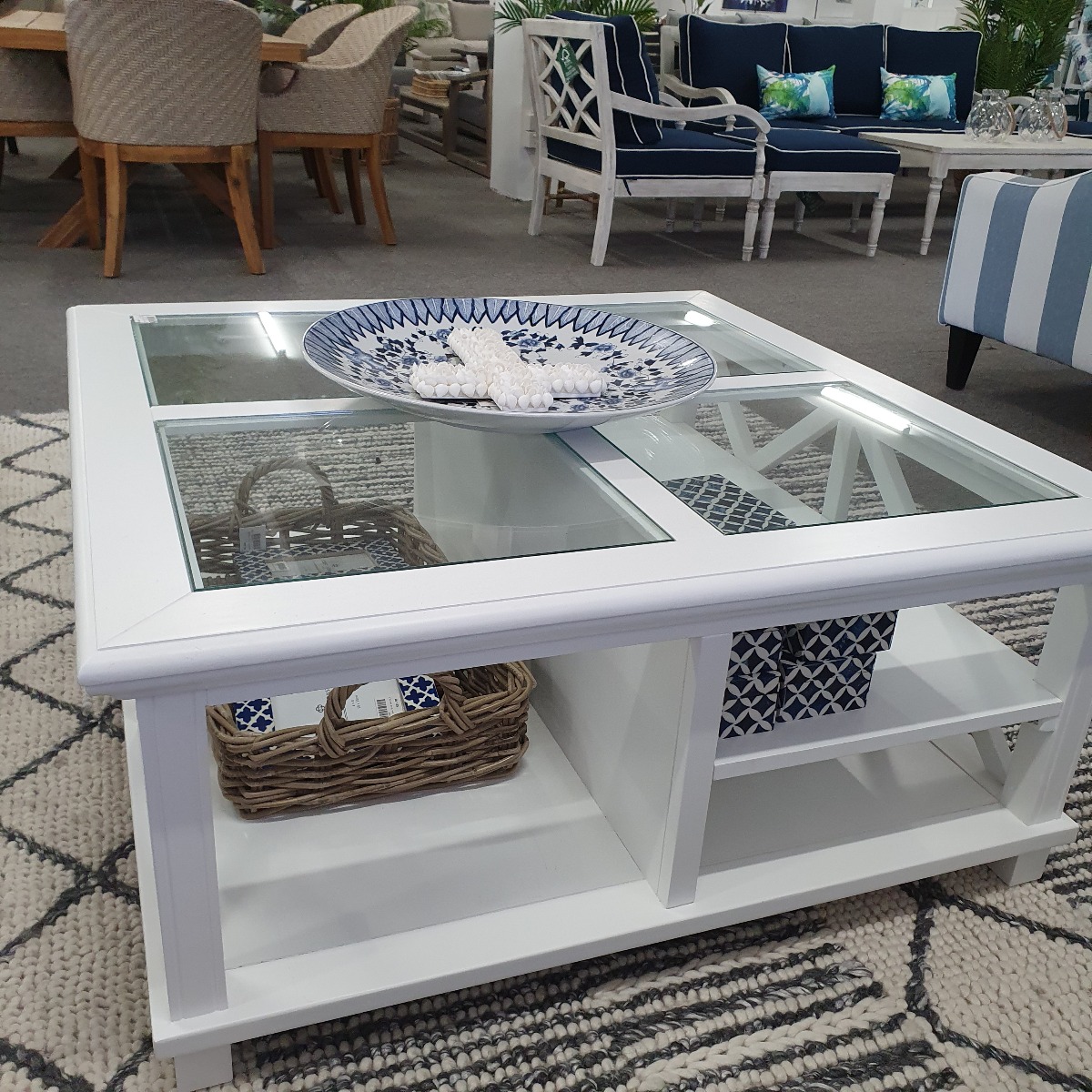 "Emily" Hamptons Style Timber Square Glass Top Coffee Table White, 100cm x 100cm x 45cmH - Image 3