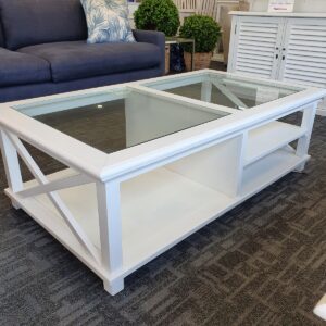 "Emily" Hamptons Style Timber Rectangle Glass Top Coffee Table White, 140cmL x 80cmD x 45cmH