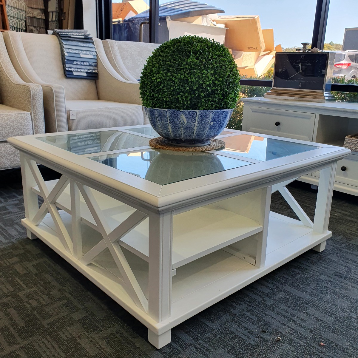"Emily" Hamptons Style Timber Square Glass Top Coffee Table White, 100cm x 100cm x 45cmH - Image 5