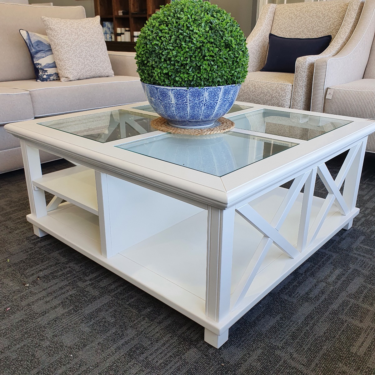 "Emily" Hamptons Style Timber Square Glass Top Coffee Table White, 100cm x 100cm x 45cmH - Image 4