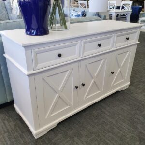 "Emily" Hamptons Style Timber Buffet 3 Door White, 145cmL x 50cmD x 85cmH