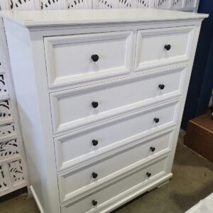 "Emily" Hamptons Style Timber 6 Drawer Tallboy White, 95cmL x 45cmD x 120cmH (RRP $1499)