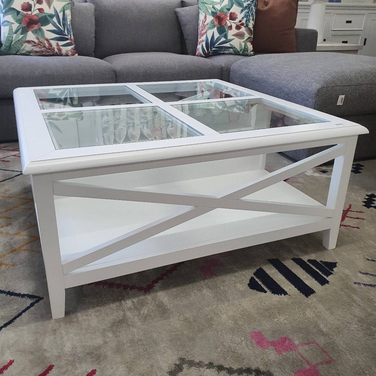 GOLD COAST FLOORSTOCK SALE "Montauk" Hamptons Style Timber Coffee Square Table Glass Top & Cross Leg White, 100cm x 100cm x 45cm (RRP $999) - Image 2
