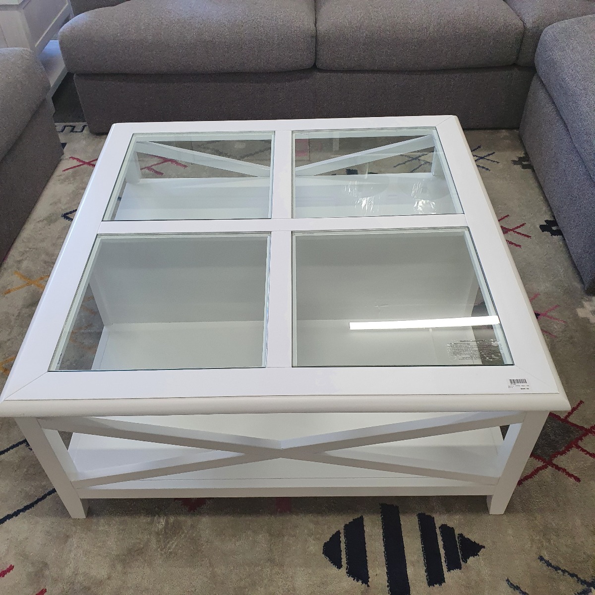 GOLD COAST FLOORSTOCK SALE "Montauk" Hamptons Style Timber Coffee Square Table Glass Top & Cross Leg White, 100cm x 100cm x 45cm (RRP $999) - Image 3