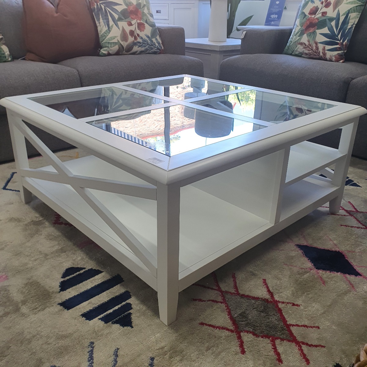 GOLD COAST FLOORSTOCK SALE "Montauk" Hamptons Style Timber Coffee Square Table Glass Top & Cross Leg White, 100cm x 100cm x 45cm (RRP $999) - Image 4
