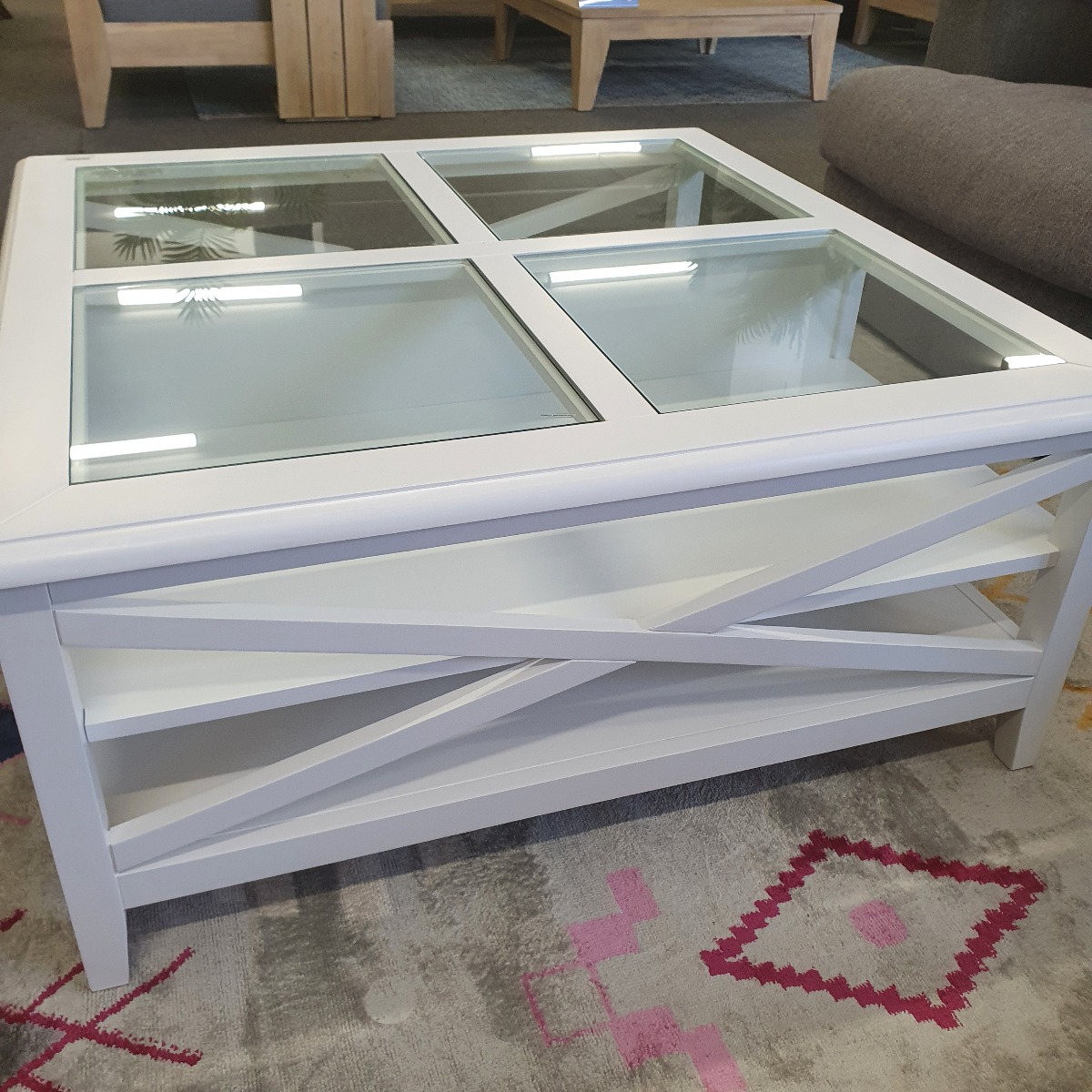 GOLD COAST FLOORSTOCK SALE "Montauk" Hamptons Style Timber Coffee Square Table Glass Top & Cross Leg White, 100cm x 100cm x 45cm (RRP $999) - Image 5