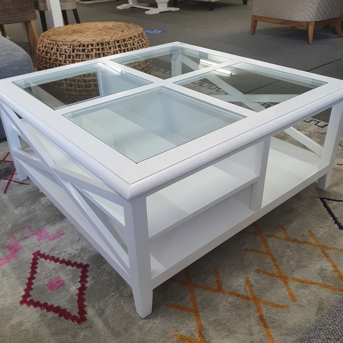 GOLD COAST FLOORSTOCK SALE "Montauk" Hamptons Style Timber Coffee Square Table Glass Top & Cross Leg White, 100cm x 100cm x 45cm (RRP $999)