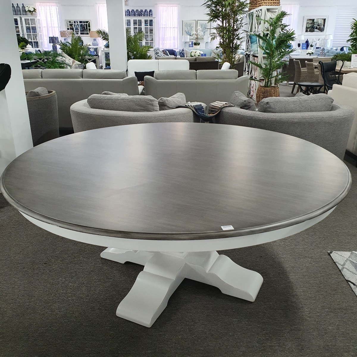 FLOORSTOCK CLEARANCE SALE "Hamptons House" Round Timber Dining Table with Smokey Grey Top & Distressed Vivid White Base, 180cm (RRP $3299) - Image 3