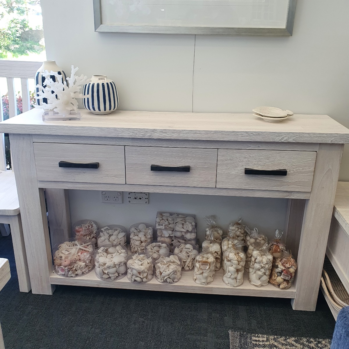 FLOORSTOCK CLEARANCE SALE "Seaforth" Solid Hardwood Timber Hall Table with 3 Drawers Whitewash, 140cmL x 35cmW x 85cmH (RRP $999) - Image 2