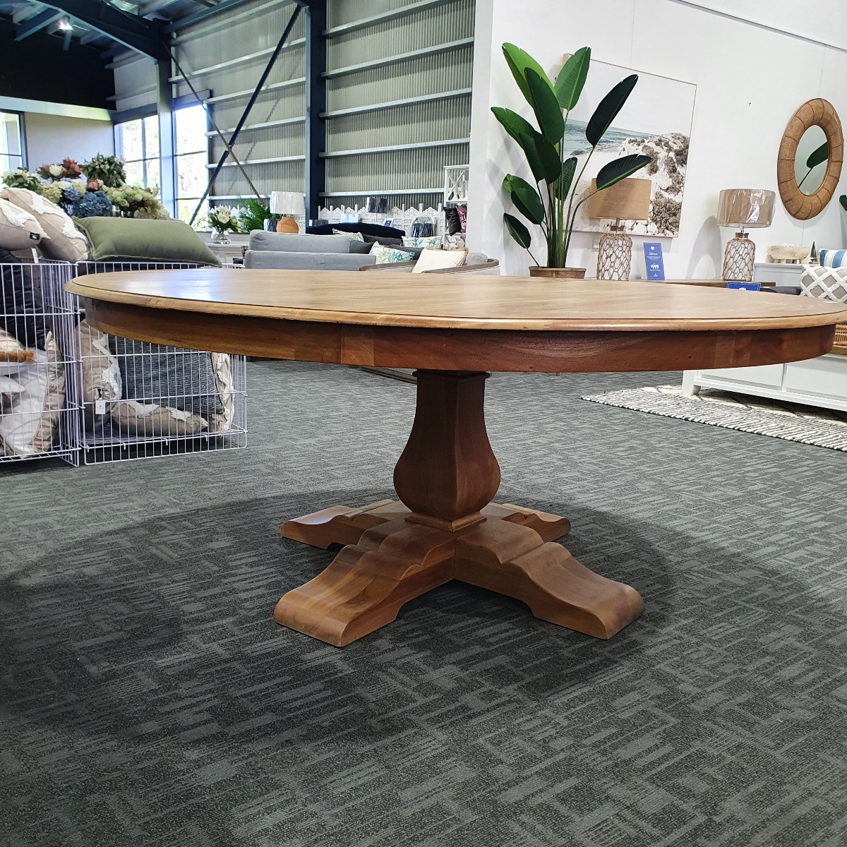 FLOOSTOCK CLEARANCE SALE "Hamptons House" Round Timber Dining Table with Pedestal Base Antique French Oak, 180cm (RRP $3299) - Image 2