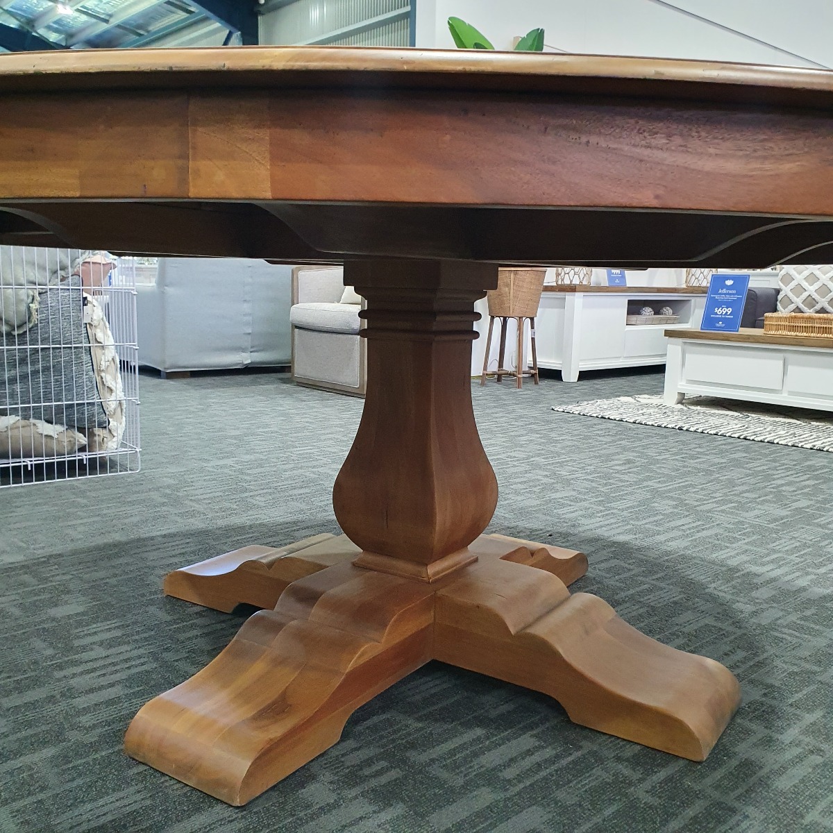 FLOOSTOCK CLEARANCE SALE "Hamptons House" Round Timber Dining Table with Pedestal Base Antique French Oak, 180cm (RRP $3299) - Image 4