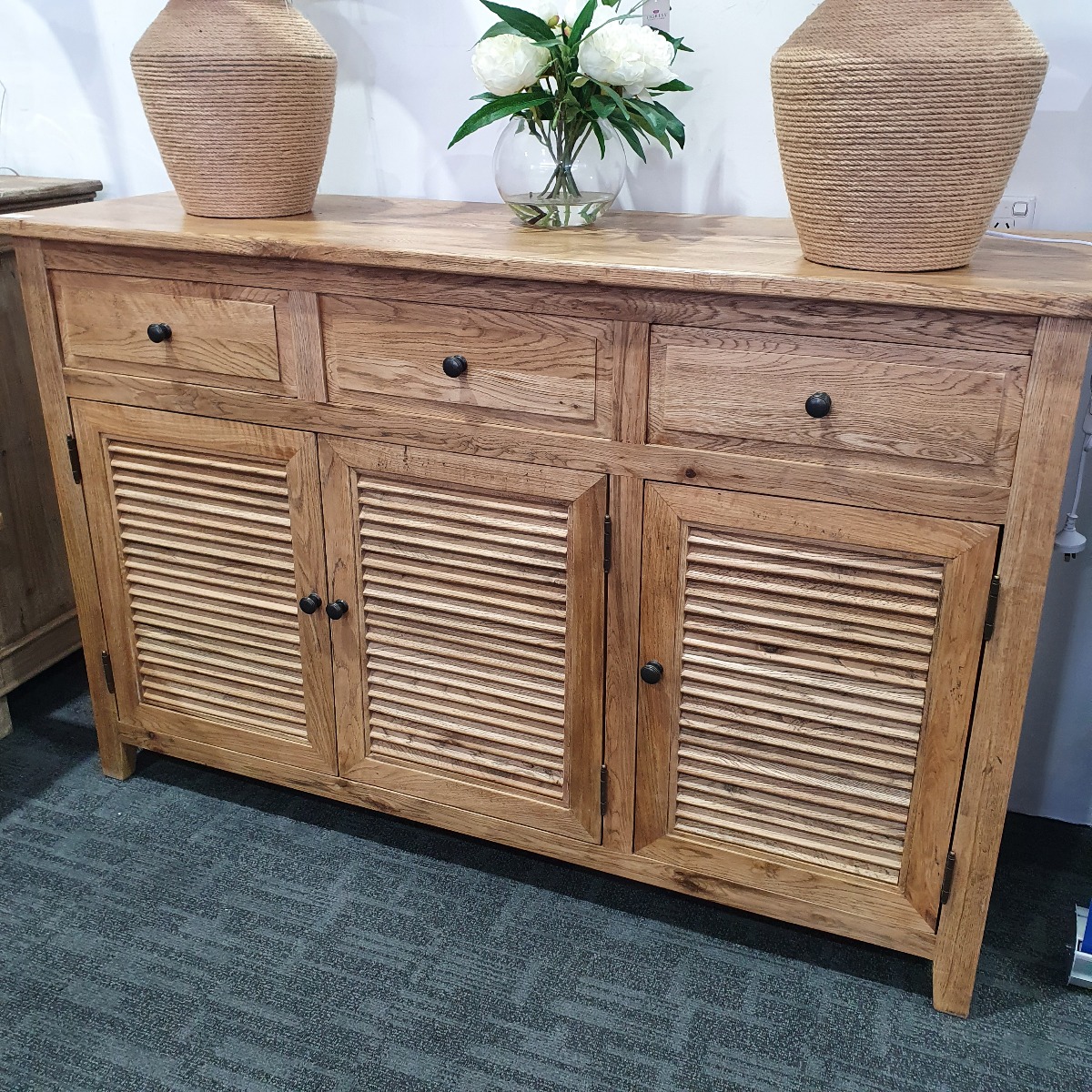 "Palm Beach" Timber 3 Door Sideboard Buffet Oak, 140cm x 45cm x 90cmH