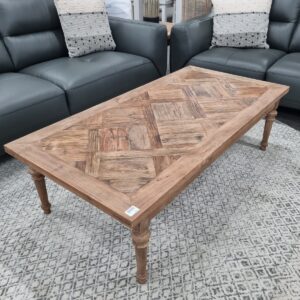 "Marrakesh" Hardwood Parquetry Coffee Table with turned legs Recycled Elm, 140cm x 70cm x 42cm (RRP $1299)
