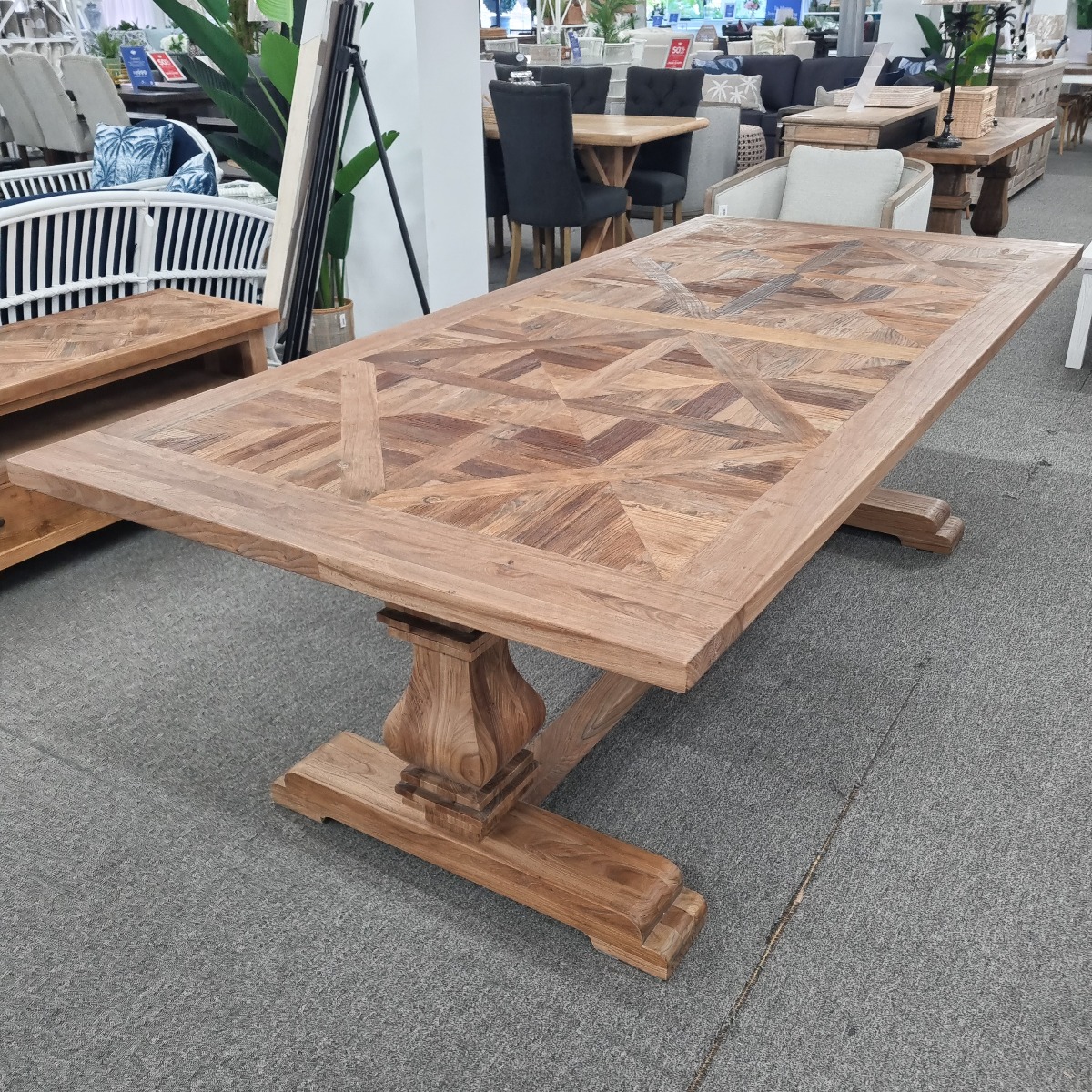 CLEARANCE SALE "Parquet" Hamptons Style Timber Parquetry Dining Table, 245cm x 110cm x 76cmH (RRP $2999) - Image 3