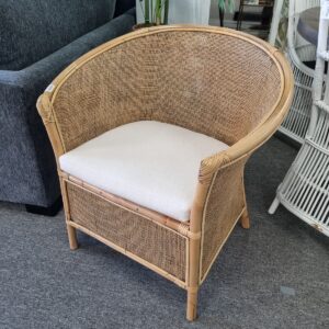 "Raffles" Hampton Style rattan Armchair with cream linen cushion, 76cm x 65cm x 80cm (RRP $499)