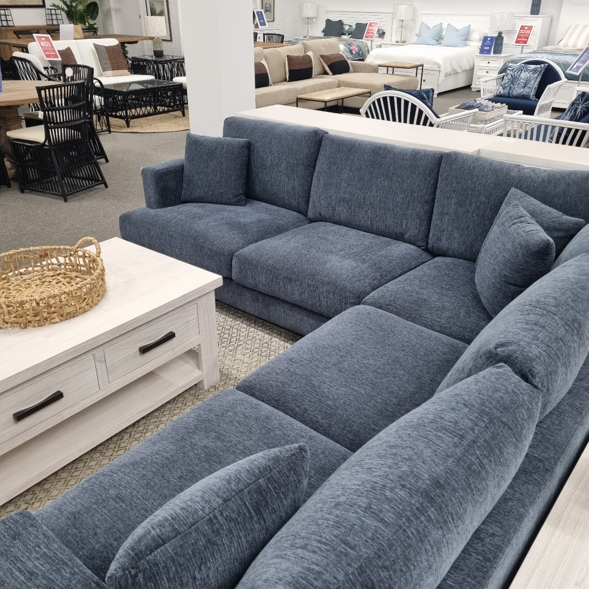 "Oasis" Luxury Feather Wrapped Foam Fabric Modular 5 Seater Corner Lounge, Superior Comfort, In Stock Ready for Delivery, Sky Blue - LAST ONE!! (RRP $3499) - Image 2