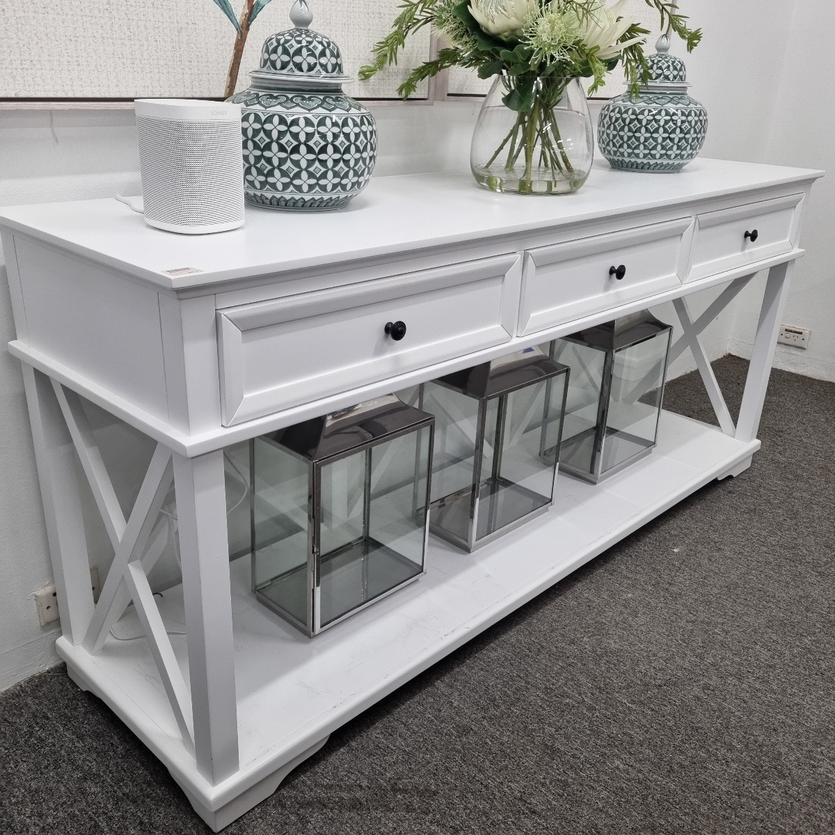 "Emily" Hamptons Style Timber Console Table 3 Drawer White, 190cmL x 50cmD x 85cmH - Image 3