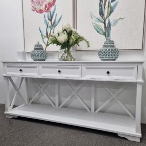 "Emily" Hamptons Style Timber Console Table 3 Drawer White, 190cmL x 50cmD x 85cmH