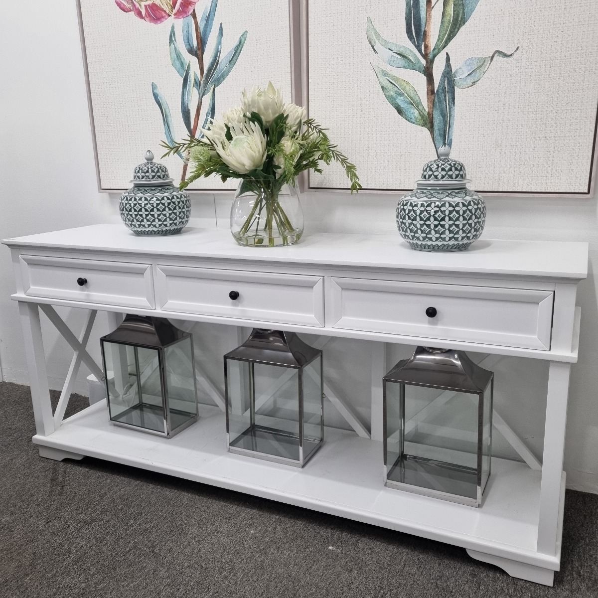 "Emily" Hamptons Style Timber Console Table 3 Drawer White, 190cmL x 50cmD x 85cmH - Image 2
