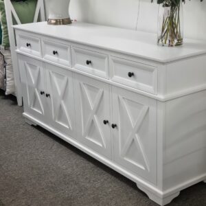 "Emily" Hamptons Style Timber Buffet 4 Door White, 180cmL x 50cmD x 85cmH